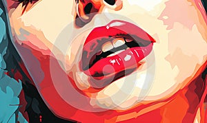 Vibrant pop art style illustration of luscious red lips, a close-up capturing the sensuality and boldness of female expression