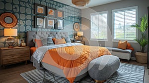 A vibrant pop of color brightens up a cozy bedroom with a bold feature wall adorned in geometric wallpaper patterns