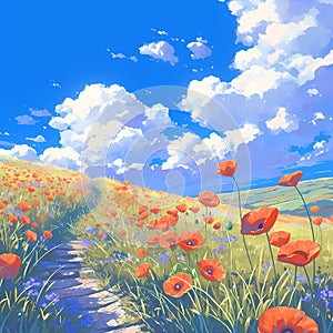 Vibrant Poppy Field Pathway - A Journey to Remember