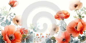 Vibrant Poppy Watercolor Border. A beautiful painting of a flower garden with a white background