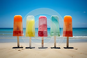 Vibrant Popsicles beach sunny day. Generate Ai