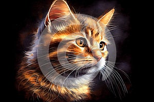 A vibrant portrait of an orange cat against a dark background, capturing its curious and playful personality, generative