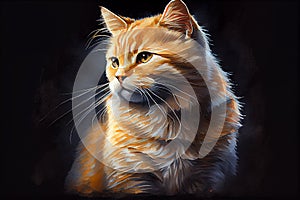 A vibrant portrait of an orange cat against a dark background, capturing its curious and playful personality, generative