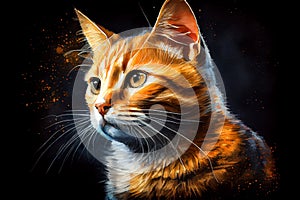 A vibrant portrait of an orange cat against a dark background, capturing its curious and playful personality, generative