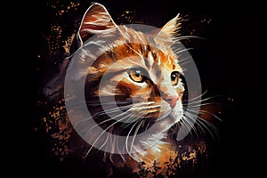 A vibrant portrait of an orange cat against a dark background, capturing its curious and playful personality, generative