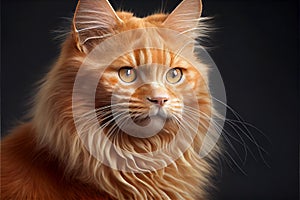 A vibrant portrait of an orange cat against a dark background, capturing its curious and playful personality, generative