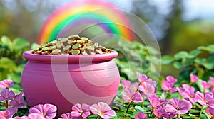 Vibrant pot of gold amidst pink blossoms under a radiant rainbow, symbolizing luck and fortune. Saint Patrick Day