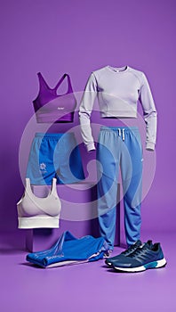 Vibrant purple blue workout gear organized on a matching backdrop photo