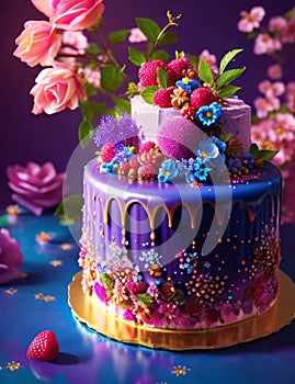 A vibrant purple cake decorated with a cheesecake, colorful flowers and berries