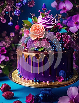 A vibrant purple cake iced in chocolate and decorated with colorful flowers and berries