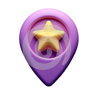 Purple 3D map pin with yellow star on white background photo