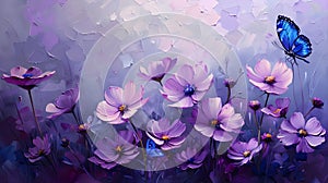 Vibrant purple flowers in full bloom with a delicate blue butterfly perched on one of the petals. Oil illustration.