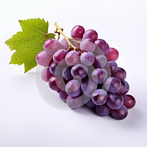 Vibrant Purple Grapes With Red Leaf On White Background