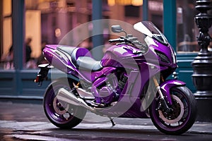 Vibrant purple motorbike is parked in front of a modern brick building