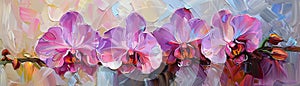 Vibrant purple orchids are rendered in expressive oil paint brushstrokes, standing out vividly against a subtle, soft backdrop.AI