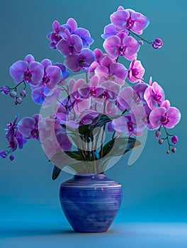 Vibrant Purple Phalaenopsis Orchids in a Blue Ceramic Vase on a Blue Background Perfect for Elegant Greetings