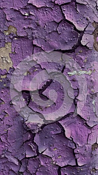 A vibrant purple surface shows a complex network of cracks and chips. The texture highlights the beauty of decay and the