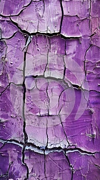 A vibrant purple surface shows a complex network of cracks and chips. The texture highlights the beauty of decay and the