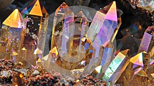 Vibrant Quartz Crystal Cluster with Rainbow Iridescence Close-Up photo