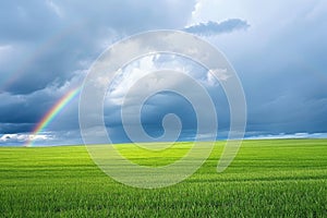 A vibrant rainbow arches across the sky above a lush green field, A green field under a cloudy sky, coupled with a simplistic