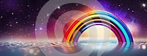 Vibrant rainbow arching over a reflective water surface against a starry night sky. Panorama with copy space.