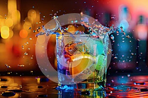 Vibrant Rainbow Cocktail with Dynamic Splash on Colorful Background