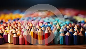 A vibrant rainbow of colored pencils on a wooden table generated by AI