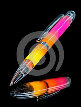 Vibrant rainbow-colored translucent pen reflecting on a black surface