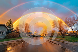 A vibrant rainbow gracefully arcs over a residential neighborhood during a rainy day, filling the sky with its colorful brilliance