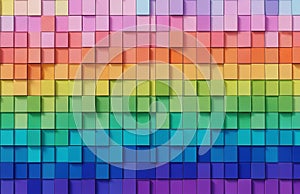Vibrant rainbow gradient of textured cubes creates a dynamic abstract background pattern