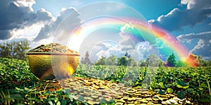 A vibrant rainbow leading to a pot of gold in lush countryside. Concept Outdoor Photoshoot, Colorful Props, Joyful Portraits,