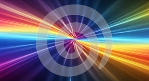 Vibrant Rainbow Light Rays Exploding from Center Against Dark Background explosion