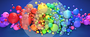 Vibrant rainbow of multicolored spheres crashing together in bright vivid colors. 3d render