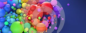 Vibrant rainbow of multicolored spheres crashing together in bright vivid colors. 3d render