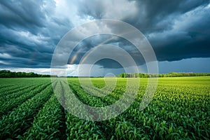 A vibrant rainbow spans across a vast field, creating a beautiful contrast of colors, A green field under a cloudy sky, coupled