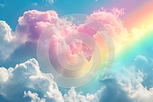 A vibrant rainbow stretches across the sky, while a cloud shaped like a heart floats peacefully, A vibrant rainbow ending in heart