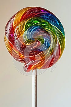 Vibrant Rainbow Swirl Lollipop with Sparkling Sugar Crystals Close-Up