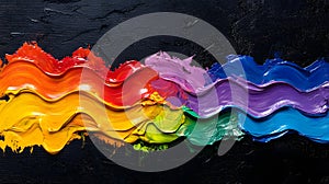 A vibrant rainbow of thick paint strokes on a textured black background in a wavy pattern design