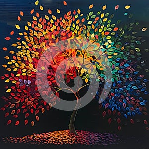 Vibrant Rainbow Tree with Falling Leaves Art
