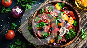 Vibrant Rainbow Vegetable Salad Bowl on Rustic Wood