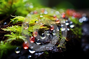 Vibrant Raindrops on Mossy Stone Path: Capturing Natures Shimmer photo