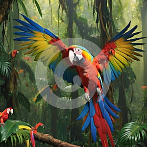 In the vibrant rainforest, a macaw displays stunning plumage, a symphony of colors and beauty