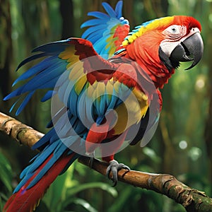 In the vibrant rainforest, a macaw displays stunning plumage, a symphony of colors and beauty