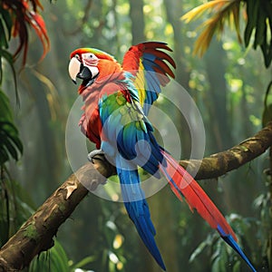 In the vibrant rainforest, a macaw displays stunning plumage, a symphony of colors and beauty