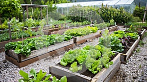 Vibrant raised garden beds filled with assorted leafy greens
