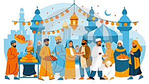Vibrant Ramadan Gathering Illustration with Traditional Food and Dress