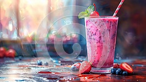 Vibrant raspberry smoothie with a cherry - generative ai