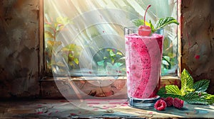 Vibrant raspberry smoothie by a sunny window - generative ai