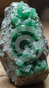 Vibrant raw emerald in host rock with green crystals earthy patterns