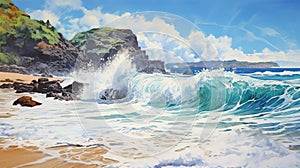 Vibrant Realism: Ocean Waves Crashing At Pristine Beach - Mote Kei Inspired Painting